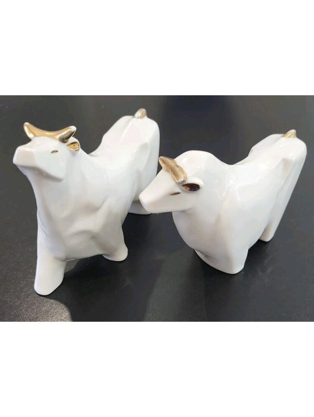 MCM Bull Porcelain Figurine, White and Gold, Modernist Cubist Style, Taiwan